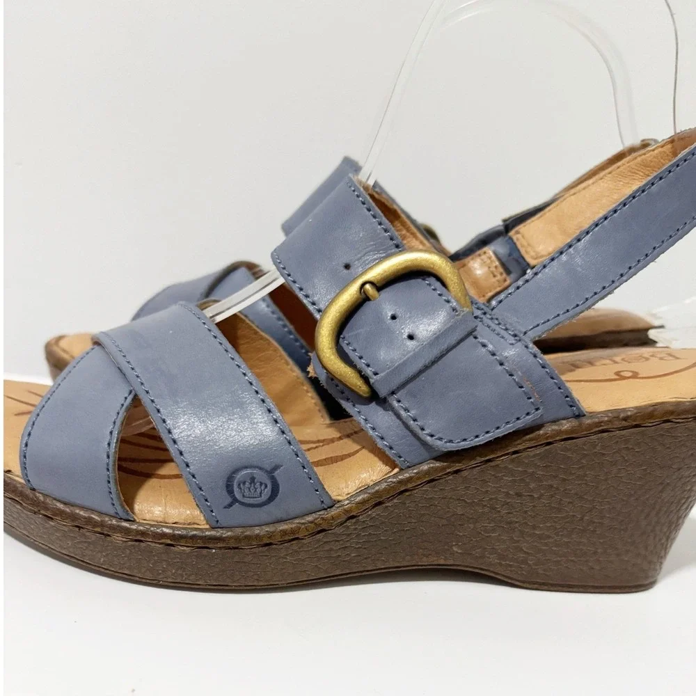 Born Slate Blue Leather Wedge Sandals